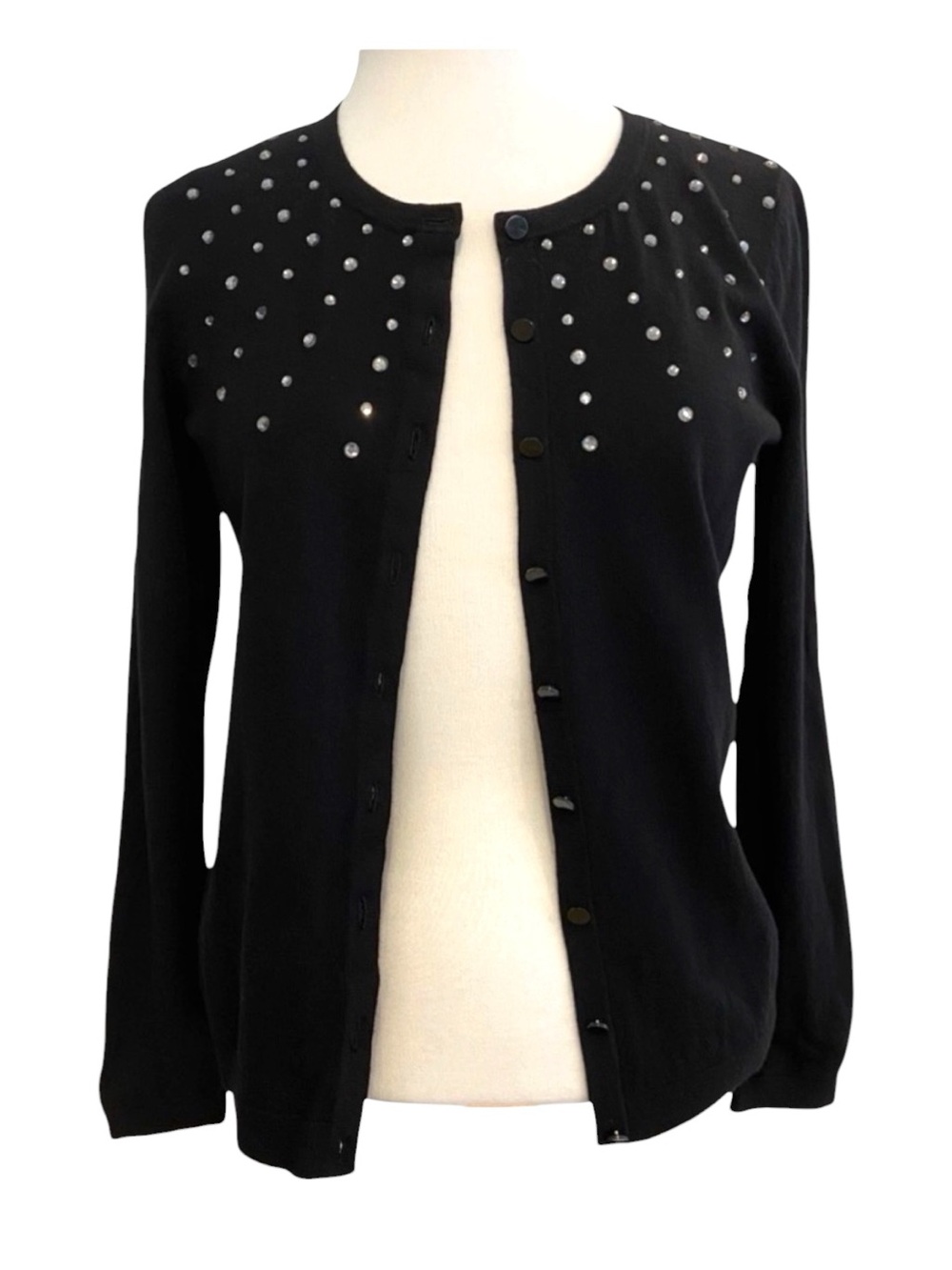 Talbots black knit cardigan with cashmere crystal embellishment button closure M